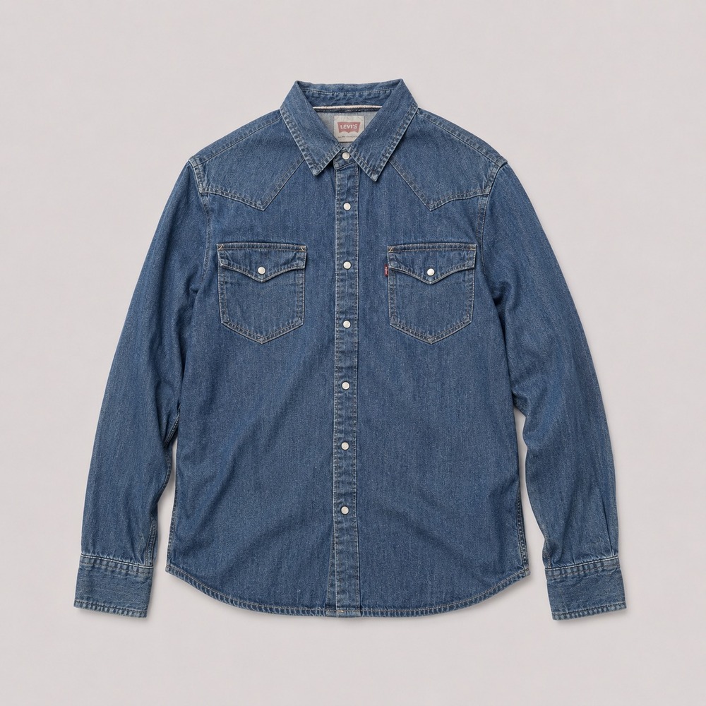 Levi's Modern Mens Large Denim Western Shirt Blue Pearl Snap Long Sleeve